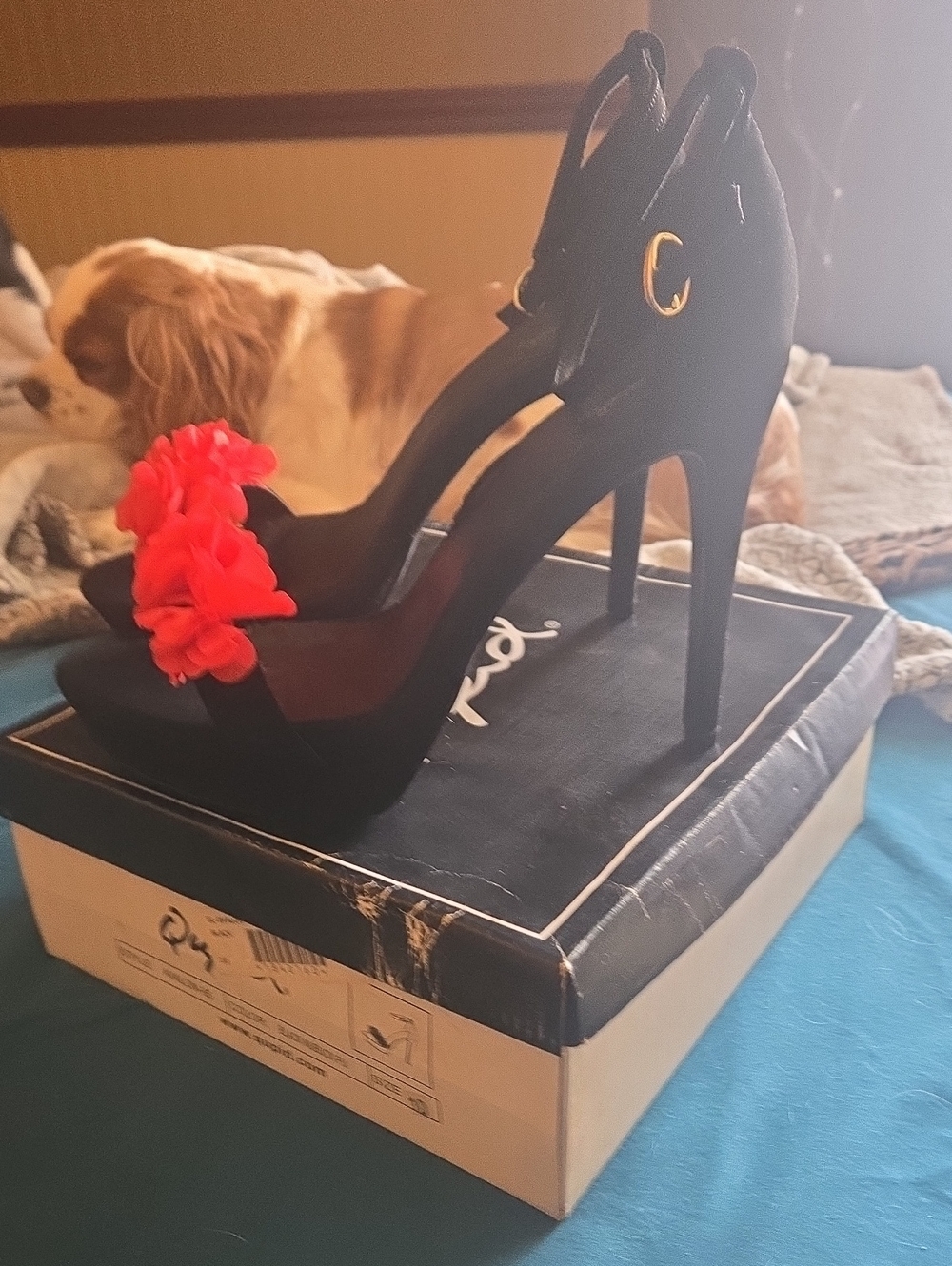 Black High Heel Sandals with Hot Pink Floral Accent - Women